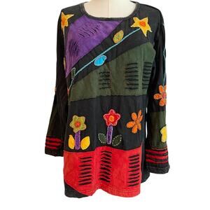 Boho NEPAL HIPPIE Shirt Womens Size XL Agan Traders Artsy Patchwork Lagenlook